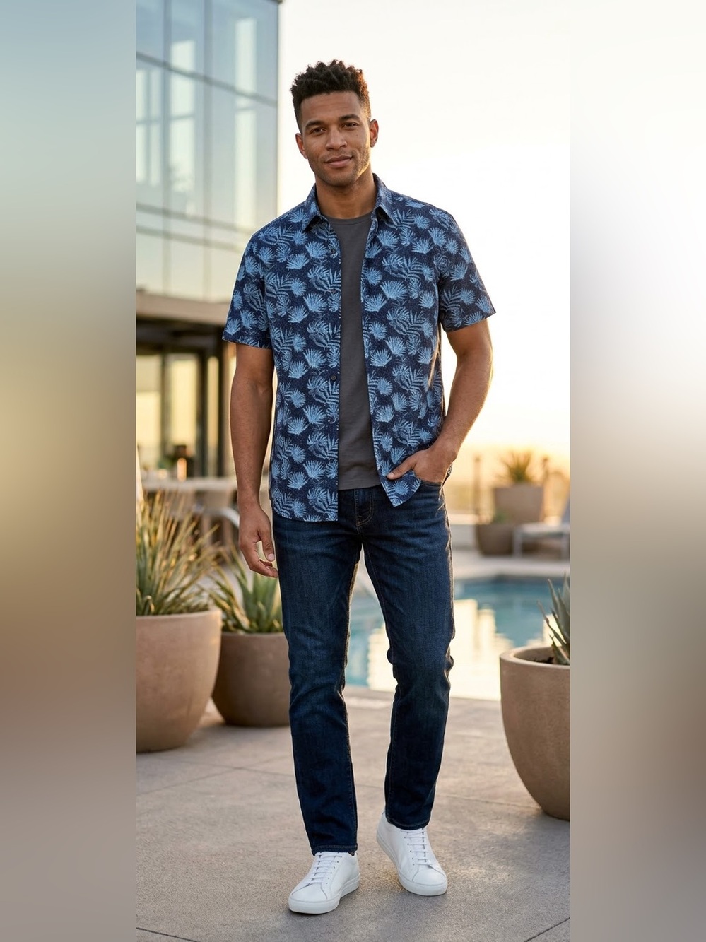 Nat Nast Men’s Silk Blend Short Sleeve Palm Button Up Navy Blue Shirt Size L